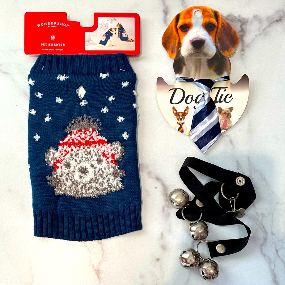 For your pooch bundle - Holiday sweater, tie and Poochie Bells
